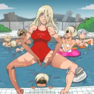 4boys 5girls a2 artist:bishopbb emil kaine nier nier_(brother) nier_(father) nier_automata nier_replicant pool swimming swimsuit yonah yorha_no._2_type_b yorha_no._9_type_s // 1600x1600 // 509KB