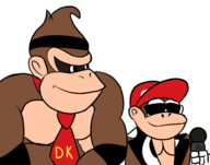 2boys black_eyes colored diddy_kong donkey_kong donkey_kong_(series) donkey_kong_country hat headband mic shades smile sunglasses text tie // 1400x1100 // 276KB