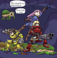 1boy 2girls armor artist:marielx blonde_hair blood deep_rock_galactic drill glyphid gun minigun ping_hair red_eyes spanish // 775x797 // 608KB