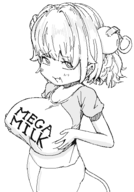 1girl bombergirl huge_breasts mega_milk monochrome pine solo unusual_pupils // 408x586 // 30KB