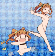 1girl artist:robojanai background breasts censored chibi colored eyes_closed happy idolm@ster nipples nude orange_hair panties running twintails yayoi_takatsuki // 1400x1434 // 3.0MB