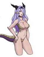 1girl breasts camilla cleavage colored fire_emblem fire_emblem_fates horns monster_girl pointy_ears purple_eyes purple_hair tail third-party_coloring wyvern // 500x647 // 241KB