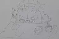1boy coffee cup glasses kirby_(series) mask meta_knight pencil taxes text traditional_medium // 2670x1777 // 2.2MB
