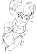 1girl artist:unknown awesomenauts ayla greyscale hand_on_thigh lineart monochrome smile smiling teeth text thick_thighs wide_hips // 512x749 // 137KB