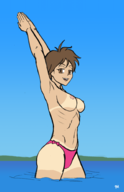 1girl artist:pm_draws breasts colored older stretching tanlines topless umihara umihara_kawase // 1288x2000 // 535KB