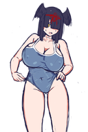 1girl adjusting_clothes artist:unknown bombergirl head_wings huge_breasts karasuba_hiiro sweat swimsuit // 684x1024 // 226KB