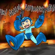 1boy background blue_eyes colored fire gun helmet mega_man mega_man_(series) text weapon // 1600x1600 // 593KB