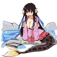 1girl artist:unknown blush breasts cleavage colored game_console huge_breasts ion mermaid my_girlfriend_is_a_mermaid nintendo_switch nintendo_switch_2 pond water worried // 1225x1225 // 612KB