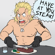 1boy angry artist:teevo blonde_hair dog_ gloves knife liquid_snake metal_gear_solid steak tattoo text // 1062x1062 // 631KB