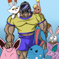1boy artist:unknown azumarill buneary bunnelby doom doomguy muscles nidoran♂ pokemon scorbunny wigglytuff // 3000x3000 // 1.2MB