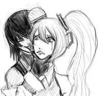 caim crossover crying drakengard hatsune_miku licking monochrome twintails vocaloid // 2009x1965 // 292KB