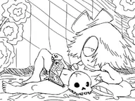 anthology_of_the_killer armpit armpit_hair artist:unknown bandaid bandaids_on_nipples bb book breasts convenient_censor lineart looking_at_viewer skull // 700x524 // 76KB