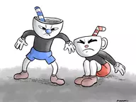 2boys artist:szeroartist black_eyes colored cuphead eyes_closed gloves mugman parody // 2224x1668 // 576KB