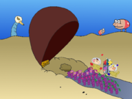 2boys artist:unknown bulborb burrowing_snagret captain_olimar louie pikmin purple_pikmin spongebob_squarepants_(series) trash_can // 1000x757 // 145KB