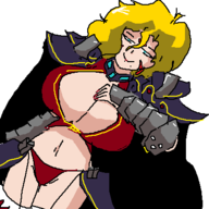 1girl artist:unknown blonde_hair cleavage huge_breasts imelda langrisser mark navel // 400x400 // 21KB