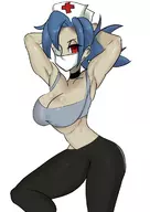 1girl armpit arms_up bandages blue_hair colored gym_clothes mask ponytail red_eyes skullgirls valentine // 842x1191 // 330KB