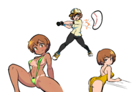 1girl artist:unknown baseball baseball_bat baseball_uniform bikini blush brown_eyes brown_hair chie_satonaka dress hat pubic_hair short_hair sling_bikini sweating tanlines tanned // 2388x1668 // 316KB