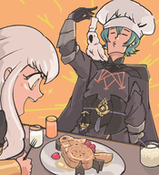1boy 1girl artist:davewaterfalls bird byleth chef_hat colored fire_emblem fire_emblem_three_houses food joke_delivery lysithea parody waffles // 2000x2200 // 1.6MB
