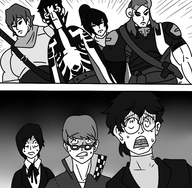 akira_kusuru comic demi-fiend digital_devil_saga flynn glasses kazuya monochrome parody persona_(series) persona_3 persona_4 persona_5 protagonist scared shin_megami_tensei shin_megami_tensei_ii shin_megami_tensei_iii // 2623x2567 // 1.2MB