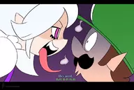 1boy 1girl artist:carnscorner brown_hair colored crown dialogue dress fang genderbend ghost_girl hat king_boo long_hair luigi luigi's_mansion mustache personification pink_eyes princess_king_boo rule_63 super_crown super_mario // 1184x800 // 112KB