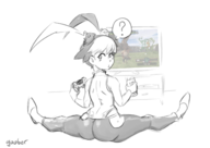 1girl artist:jpegged ass can chud console feng game_controller glasses holding holding_object looking_at_viewer looking_back monochrome sketch skullgirls soyjak splits television // 1392x989 // 460KB