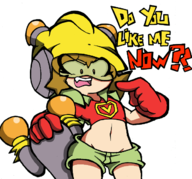 1girl 9-volt artist:pedrovin brown_eyes brown_hair colored gloves midriff rule_63 shorts text third-party_coloring warioware // 659x615 // 212KB