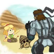 animal_crossing brown_hair colored crossover crying gyroid happy headband isabelle metal_gear_solid smile snake thumbs_up // 2894x2894 // 2.7MB