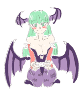 1girl artist:evilvileveil blush colored controller darkstalkers gaming green_eyes green_hair long_hair morrigan_aensland pointy_ears smile succubus wings // 550x625 // 23KB