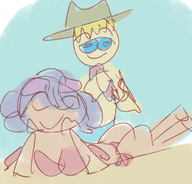 1boy 1girl artist:daseril beach bikini blonde_hair blue_hair dark_skin dexio eyes_closed glasses hat laying_down pokemon pokemon_xy redraw short_hair sina smile // 800x766 // 402KB