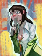 1girl artist:unknown blush cleavage crying disco_elysium genderbend green_eyes gun harrier_du_bois long_hair suit // 1500x2000 // 981KB