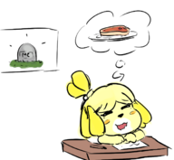 1girl animal_crossing artist:triggerdex colored dreaming food grave isabelle sleep thought_bubble // 668x617 // 146KB
