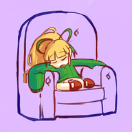 1girl artist:fupoo bow colored cute long_sleeves mega_man_(series) ponytail roll sleep sofa sweater // 500x500 // 121KB