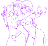 ann_takamaki artist:robo_whiskers cleavage fujiko_mine gun lupin_iii midriff outfit_swap persona_(series) persona_5 shin_megami_tensei twintails // 854x815 // 305KB