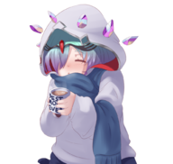 1girl artist:zeniselv colored colorist:waitingforgames comfy cup drink fire_emblem hoodie kvasir multicolored_hair scarf thigh_highs // 1021x969 // 405KB