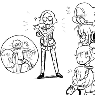 1boy 4girls ann_takamaki artist:aipiepo blush braid crossdressing embarrassed eyes_closed futaba_sakura glasses haru_okumura headphones joker laughing makoto_niijima pantyhose persona persona_(series) persona_5 shirtless short_hair shorts // 1000x1000 // 393KB