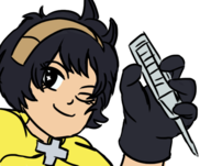 1girl artist:goseb90 black_eyes black_hair colored headband parody princess_remedy princess_remedy_in_a_world_of_hurt syringe wink // 582x458 // 164KB