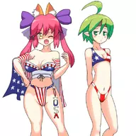 american_flag american_flag_bikini bikini blush cleavage colored crossover disgaea fate_(series) fate_extra female_fighter female_warrior tamamo-no-mae valkyrie wink // 800x800 // 419KB