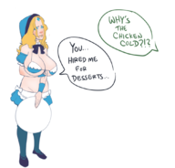 1girl artist:necrolepsy bikini crystal_maiden dota_2 huge_breasts maid_uniform makeup text // 1070x1026 // 254KB