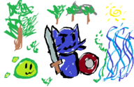 :3 artist:unknown cat epic_battle_fantasy grass mountain noleg river shield slime sun sword tree // 647x422 // 91KB