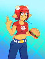 1girl artist:rkzero10 burger colored eating food lammy_lamb lipstick purple_eyes red_hair short_hair text um_jammer_lammy // 1831x2402 // 841KB