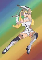 1girl armpit blonde_hair blue_eyes chair colored mask rainbow_mika street_fighter taimanin_suit twintails // 1433x2030 // 357KB