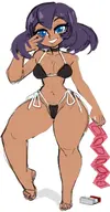 1girl artist:unknown bikini blue_eyes condom dark_skin pokemon purple_hair sina // 796x1531 // 112KB