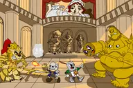 cleavage colored crossover cuphead_(series) dark_souls dragon_slayer_ornstein executioner_smough gwynevere ornstein smough solaire solaire_of_astora // 2870x1920 // 3.6MB