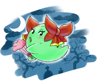 1girl artist:mariogrant black_eyes bow colored fang ghost lady_bow looking_back paper_mario solo super_mario sweat tail // 1336x1150 // 773KB