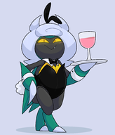 1girl artist:gholdenhoe bug bunny_suit colored cup fang glowing glowing_eyes hair holding_object horns kaburion karratarch looking_at_viewer plate playboy_bunny pokemon pokemon_teraleak smug yellow_eyes // 1710x2000 // 397KB