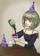 1girl artist:cragscleft bottle colored drink green_hair heterochromia idolm@ster kaede_takagaki mole party_hat short_hair wine // 1044x1478 // 853KB
