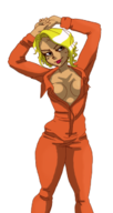 1girl black_eyes blonde_hair cleavage colored enter_the_gungeon lipstick pin-up short_hair smile the_convict // 336x630 // 111KB