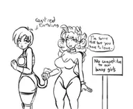 ass bracelet bunny_ears crossover dialogue dragon_ball_z dragon_quest dragon_quest_iii dragonball_z eyes_closed fasha gadabout gloves happy leotard long_hair short_hair sign sketch smile speech_bubble tail text thick_thighs // 1027x845 // 197KB