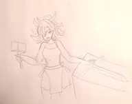 1girl apron eiyuu_senki eyepatch hammer masamune ponytail sword traditional_medium weapon // 2784x2196 // 260KB