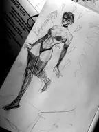 1girl artist:azav bayonetta bayonetta_(series) boots glasses heart panties short_hair text thigh_highs traditional_medium // 948x1261 // 310KB